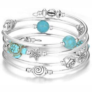 18-Turquoise Blue Turtle Bracelet Layered Wrap Bangle Bracelet w/ Agate Stone